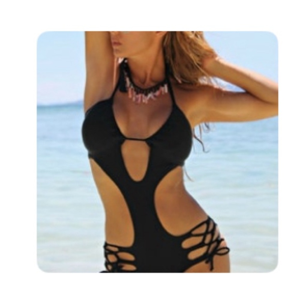 Black one piece tie up swimsuit